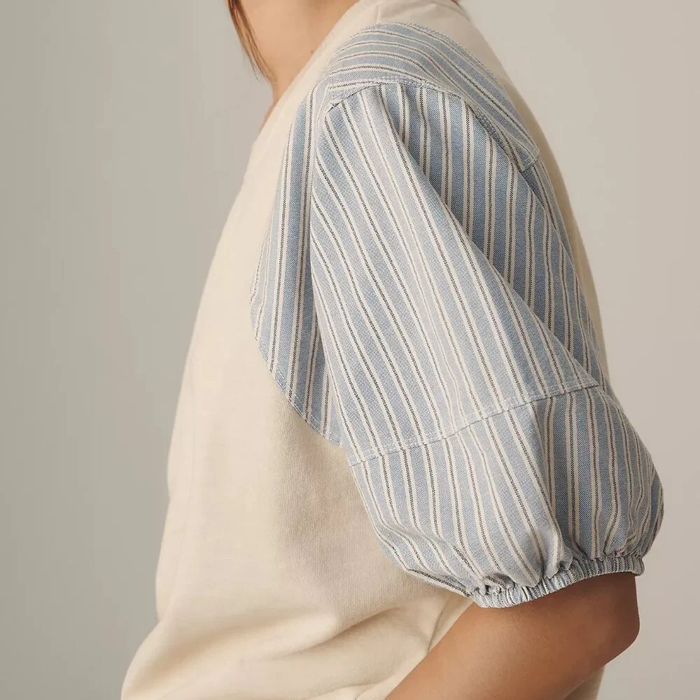 Pilcro Woven Crewneck Puff-Sleeve Top in Beige and‎ Blue Stripe XS NWT - Picture 3 of 14